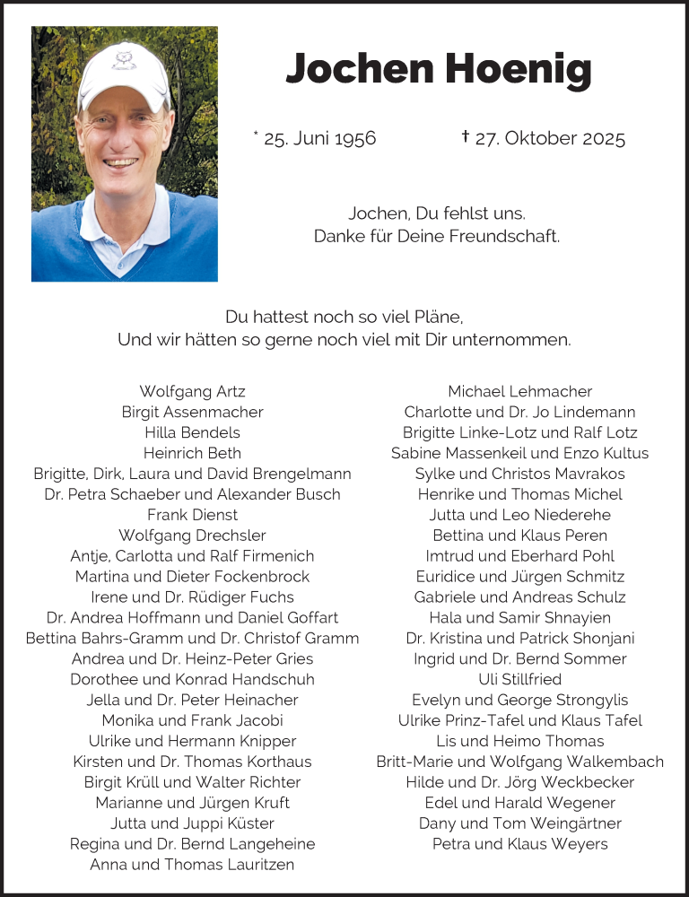  Traueranzeige für Jochen Hoenig vom 08.11.2025 aus General-Anzeiger Bonn