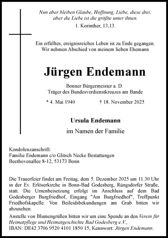 Anzeige von Jürgen Endemann von General-Anzeiger Bonn