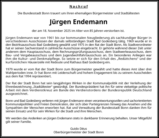 Anzeige von Jürgen Endemann von General-Anzeiger Bonn