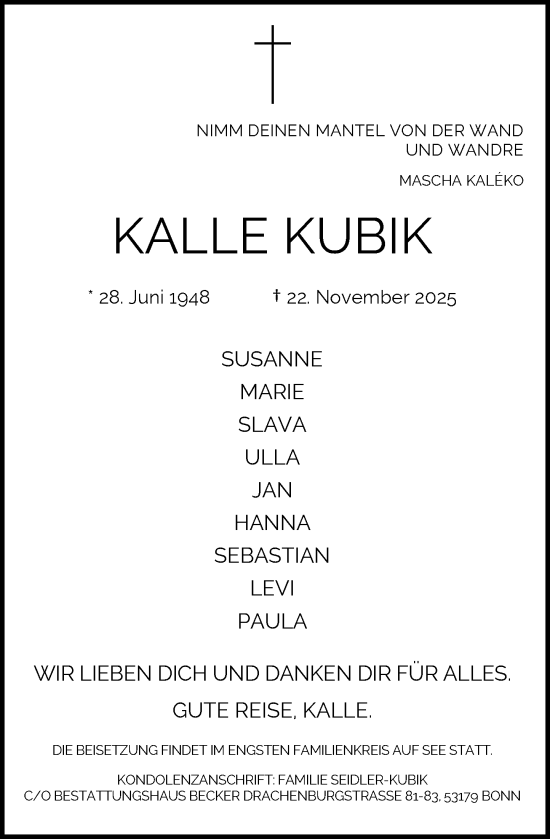 Anzeige von Kalle Kubik von General-Anzeiger Bonn