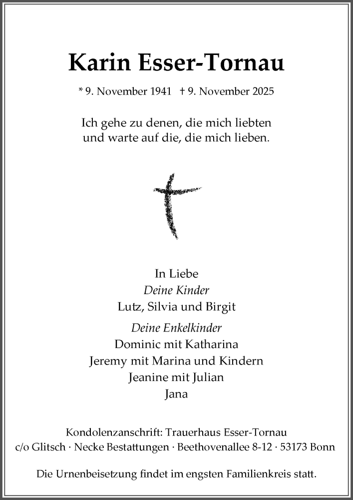  Traueranzeige für Karin Esser-Tornau vom 15.11.2025 aus General-Anzeiger Bonn