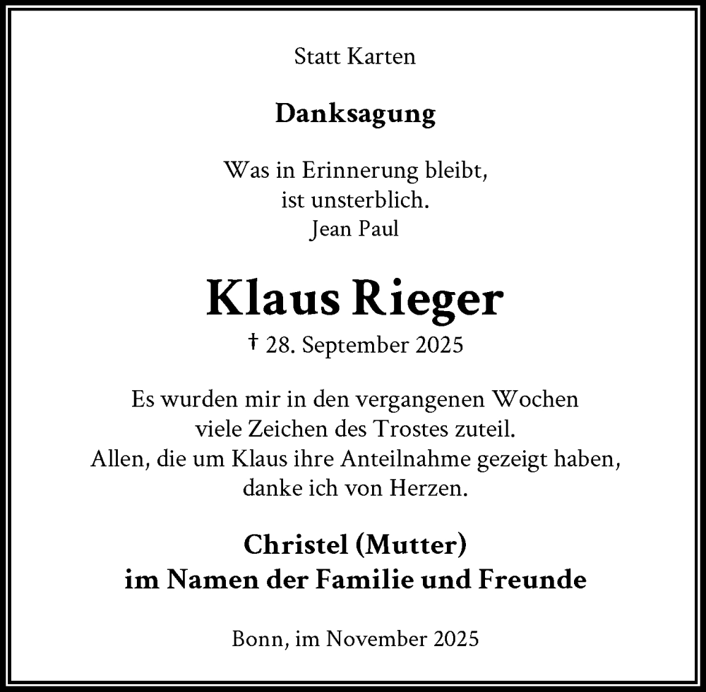  Traueranzeige für Klaus Rieger vom 22.11.2025 aus General-Anzeiger Bonn