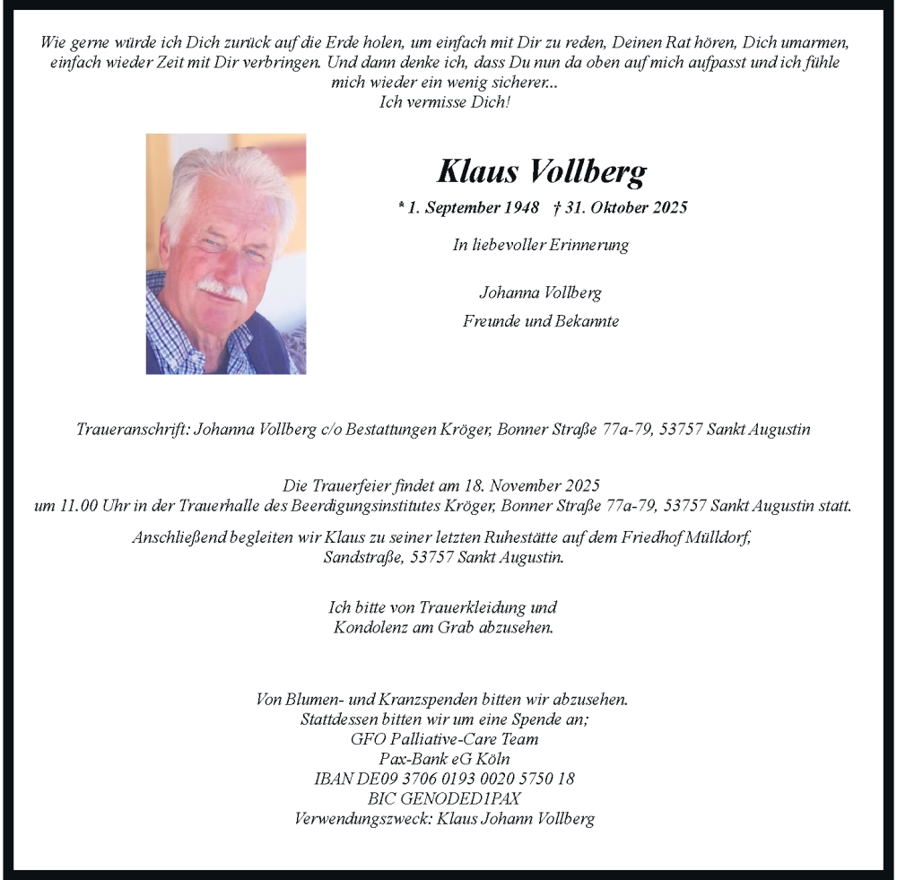 Traueranzeige für Klaus Vollberg vom 15.11.2025 aus General-Anzeiger Bonn