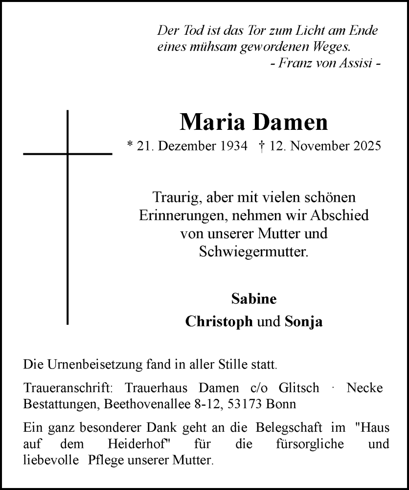  Traueranzeige für Maria Damen vom 06.12.2025 aus General-Anzeiger Bonn