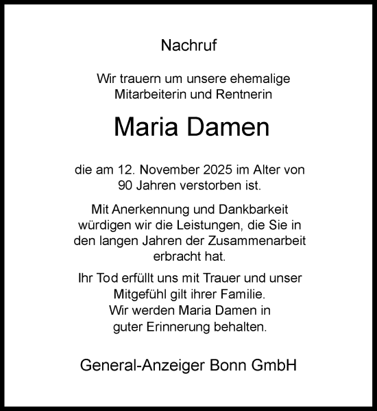 Anzeige von Maria Damen von General-Anzeiger Bonn