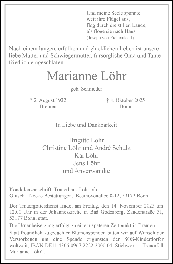  Traueranzeige für Marianne Löhr vom 08.11.2025 aus General-Anzeiger Bonn