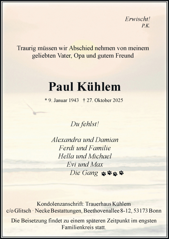Anzeige von Paul Kühlem von General-Anzeiger Bonn