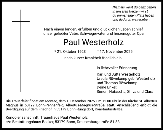 Anzeige von Paul Westerholz von General-Anzeiger Bonn