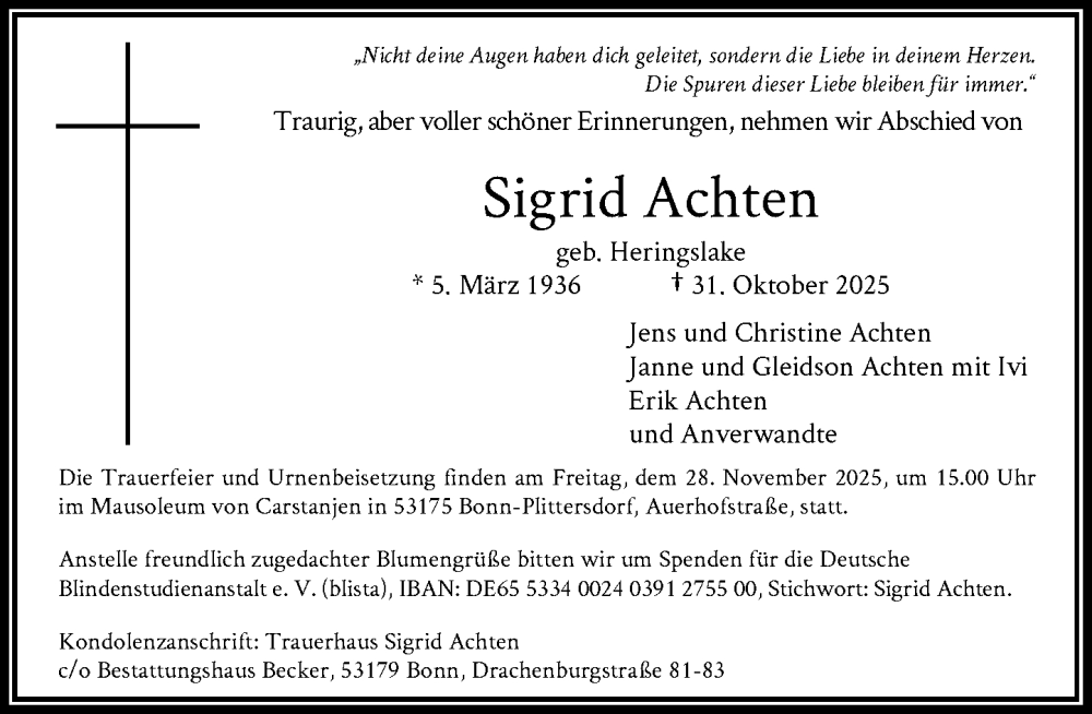  Traueranzeige für Sigrid Achten vom 15.11.2025 aus General-Anzeiger Bonn