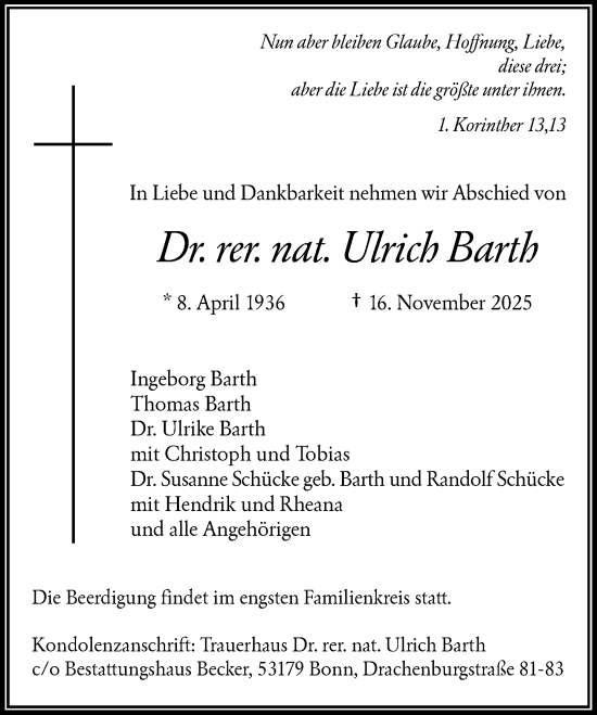 Anzeige von Ulrich Barth von General-Anzeiger Bonn