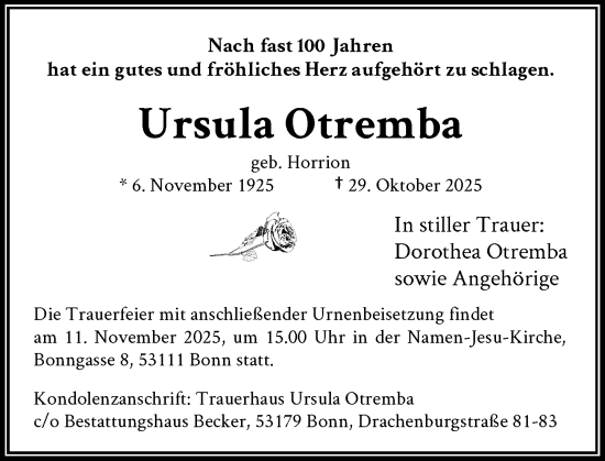 Anzeige von Ursula Otremba von General-Anzeiger Bonn