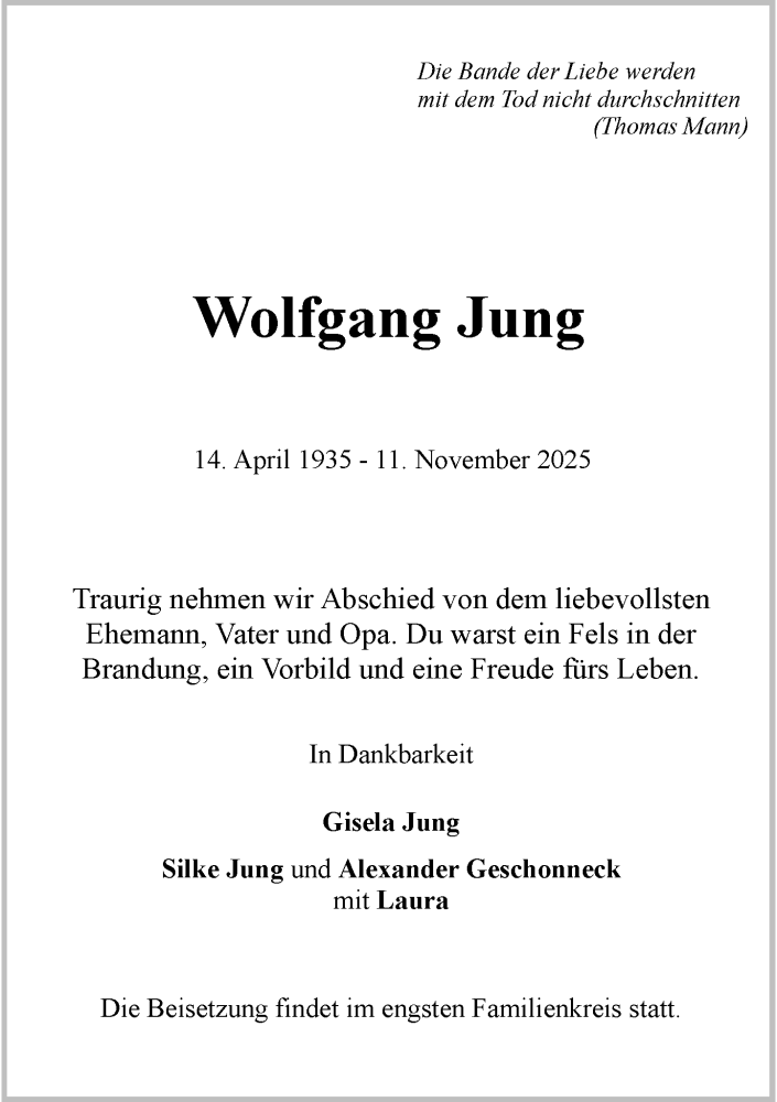  Traueranzeige für Wolfgang Jung vom 22.11.2025 aus General-Anzeiger Bonn
