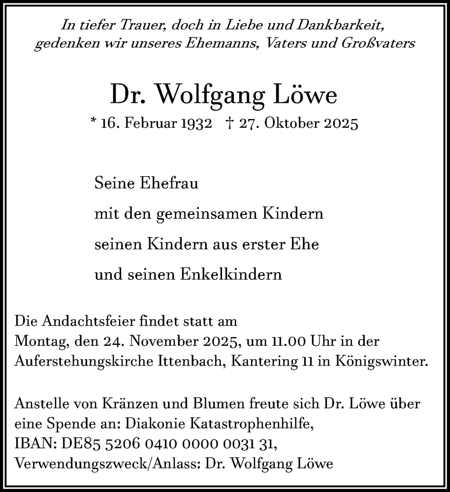  Traueranzeige für Wolfgang Löwe vom 15.11.2025 aus General-Anzeiger Bonn