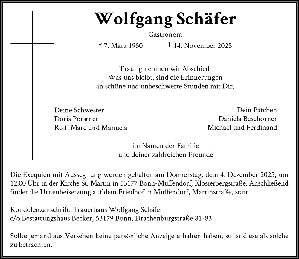  Traueranzeige für Wolfgang Schäfer vom 22.11.2025 aus General-Anzeiger Bonn