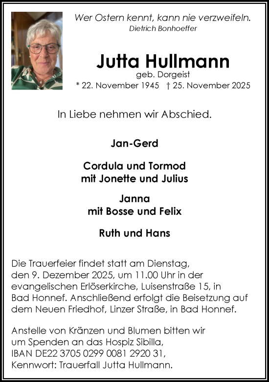 Anzeige von Jutta Hullmann von General-Anzeiger Bonn