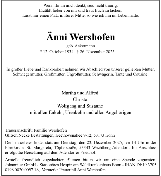 Anzeige von Änni Wershofen von General-Anzeiger Bonn