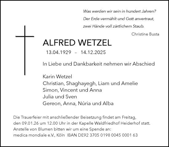 Anzeige von Alfred Wetzel von General-Anzeiger Bonn