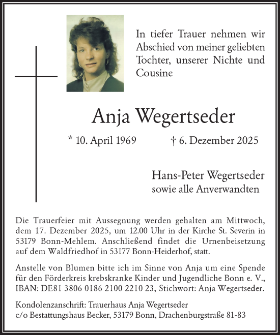 Anzeige von Anja Wegertseder von General-Anzeiger Bonn