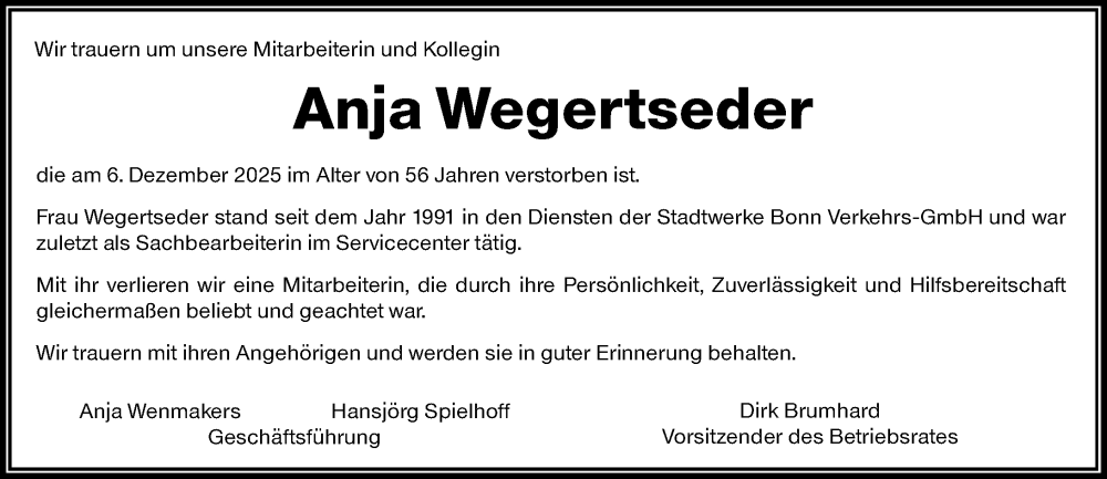  Traueranzeige für Anja Wegertseder vom 13.12.2025 aus General-Anzeiger Bonn
