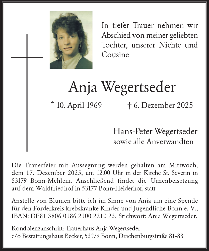  Traueranzeige für Anja Wegertseder vom 13.12.2025 aus General-Anzeiger Bonn