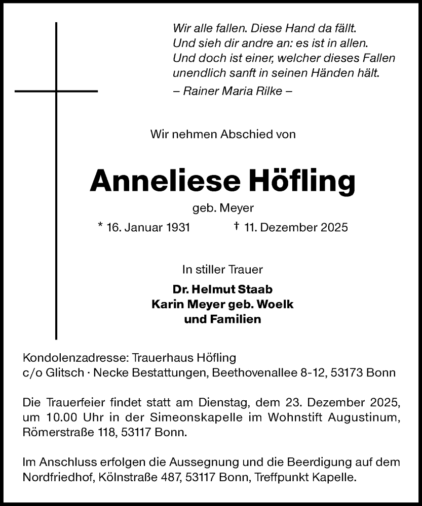  Traueranzeige für Anneliese Höfling vom 20.12.2025 aus General-Anzeiger Bonn