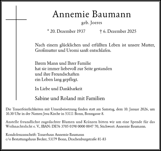 Anzeige von Annemie Baumann von General-Anzeiger Bonn