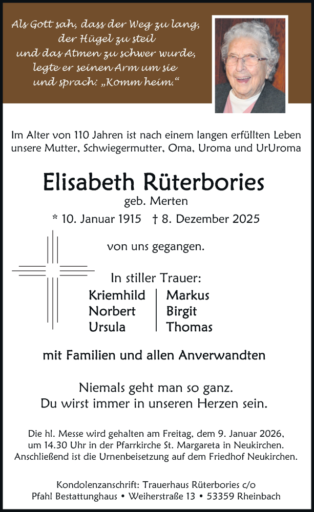  Traueranzeige für Elisabeth Rüterbories vom 27.12.2025 aus General-Anzeiger Bonn
