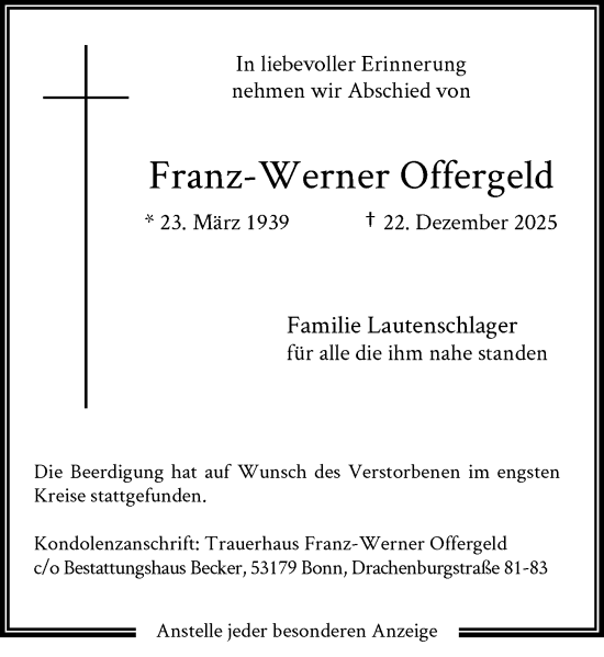 Anzeige von Franz-Werner Offergeld von General-Anzeiger Bonn