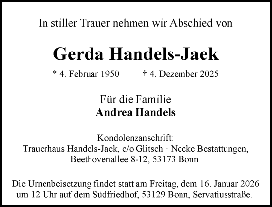 Anzeige von Gerda Handels-Jaek von General-Anzeiger Bonn