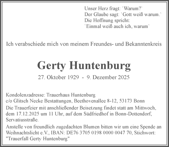 Anzeige von Gerty Huntenburg von General-Anzeiger Bonn