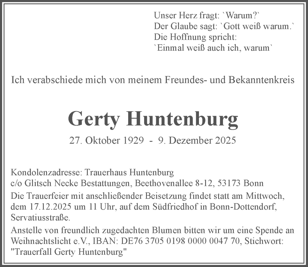  Traueranzeige für Gerty Huntenburg vom 13.12.2025 aus General-Anzeiger Bonn