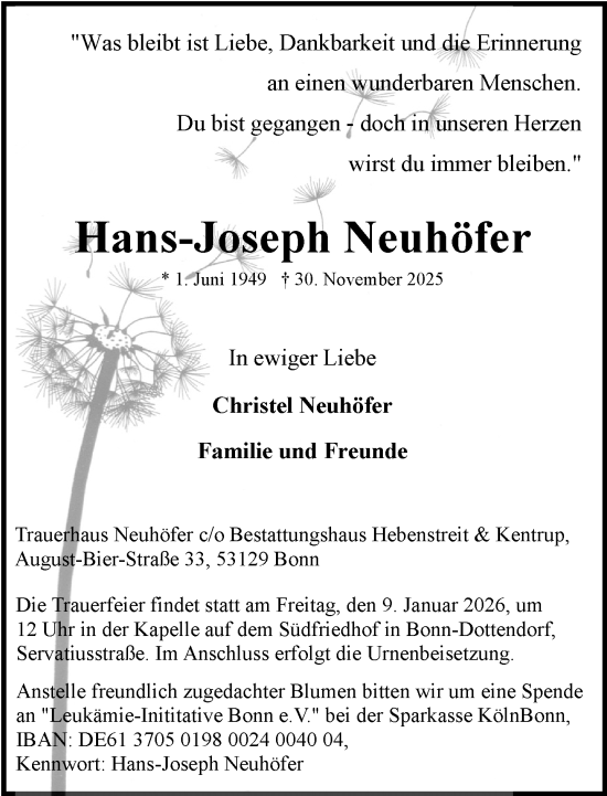 Anzeige von Hans-Joseph Neuhöfer von General-Anzeiger Bonn