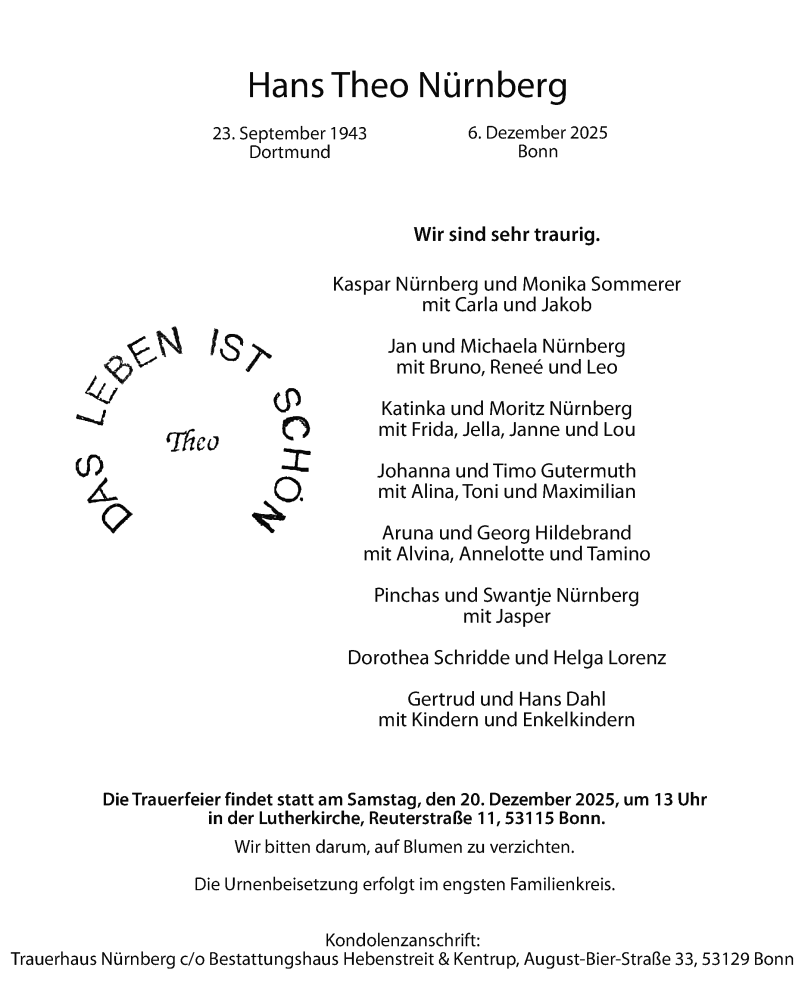  Traueranzeige für Hans Theo Nürnberg vom 13.12.2025 aus General-Anzeiger Bonn