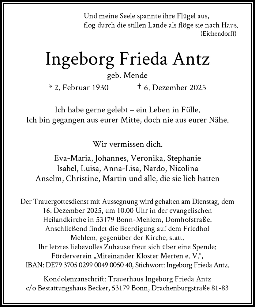  Traueranzeige für Ingeborg Frieda Antz vom 13.12.2025 aus General-Anzeiger Bonn