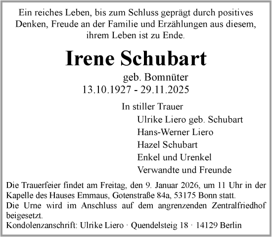 Anzeige von Irene Schubart von General-Anzeiger Bonn