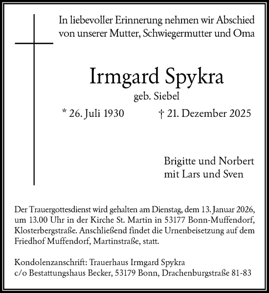 Anzeige von Irmgard Spykra von General-Anzeiger Bonn