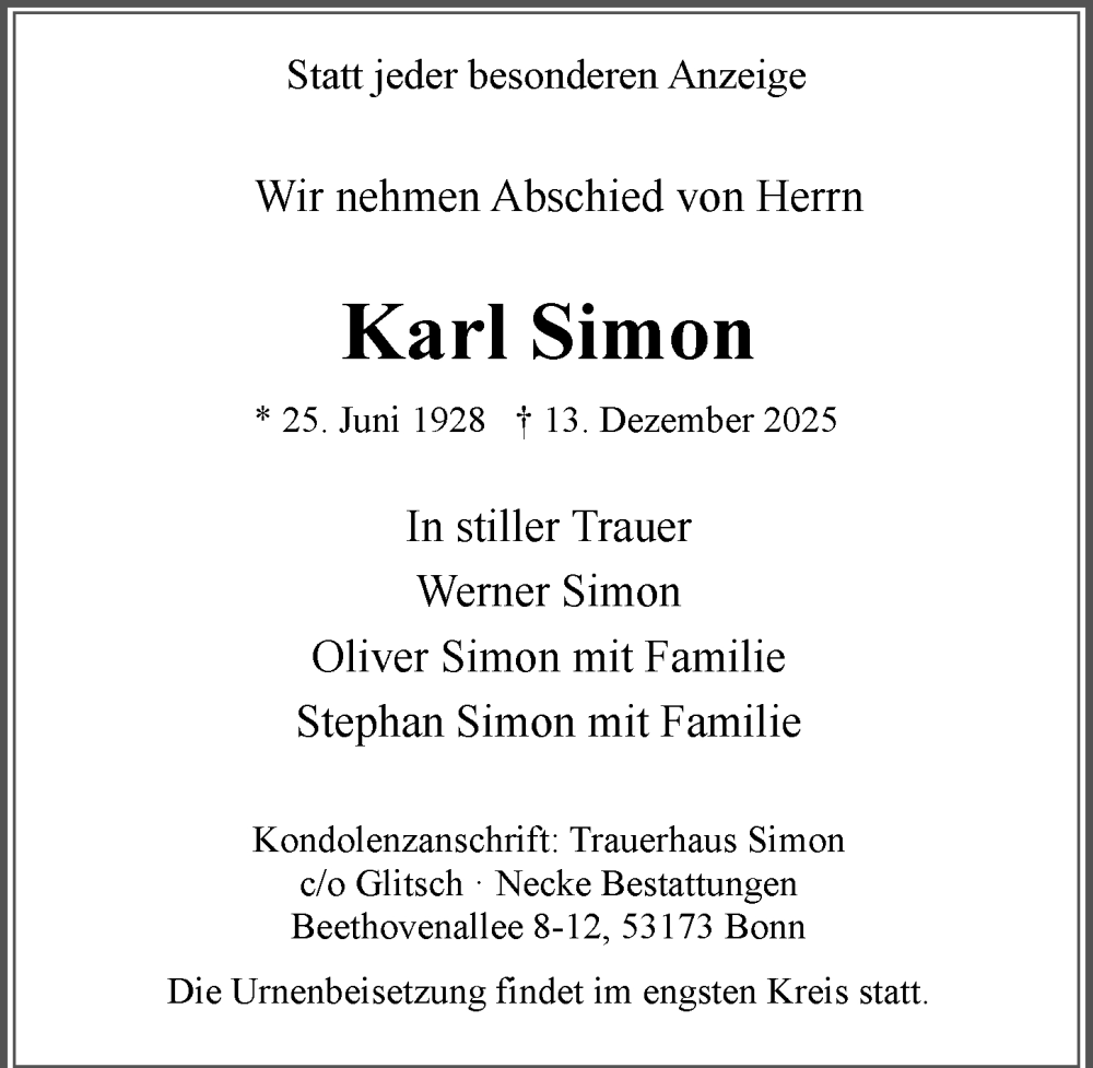  Traueranzeige für Karl Simon vom 20.12.2025 aus General-Anzeiger Bonn
