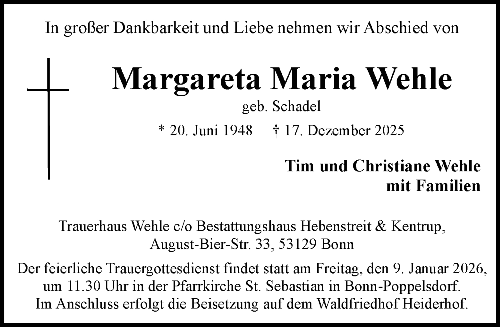  Traueranzeige für Margareta Maria Wehle vom 03.01.2026 aus General-Anzeiger Bonn