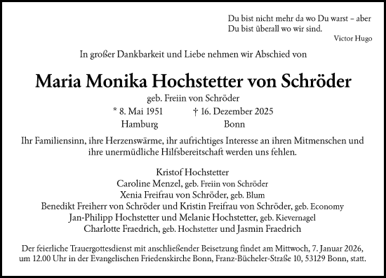 Anzeige von Maria Monika Hochstetter von Schröder von General-Anzeiger Bonn