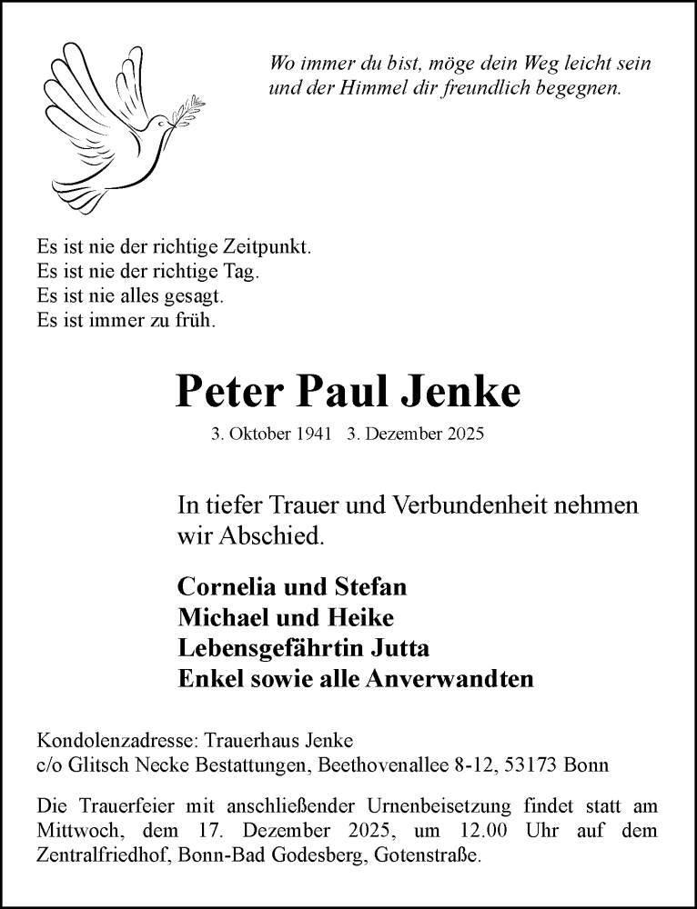  Traueranzeige für Peter Paul Jenke vom 13.12.2025 aus General-Anzeiger Bonn