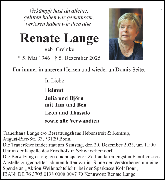 Anzeige von Renate Lange von General-Anzeiger Bonn