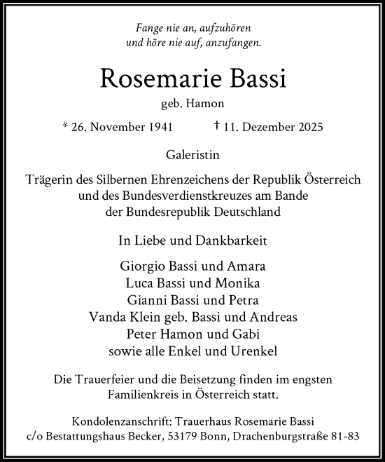 Anzeige von Rosemarie Bassi von General-Anzeiger Bonn