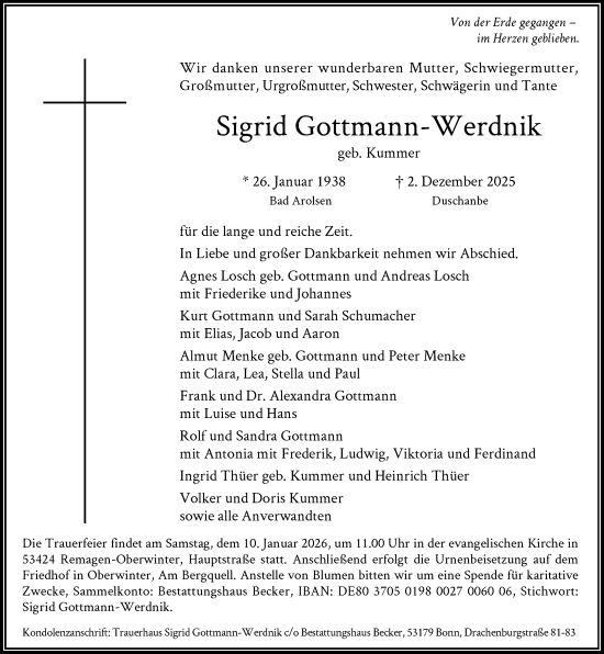 Anzeige von Sigrid Gottmann-Werdnik von General-Anzeiger Bonn