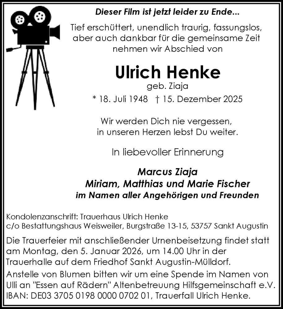  Traueranzeige für Ulrich Henke vom 27.12.2025 aus General-Anzeiger Bonn