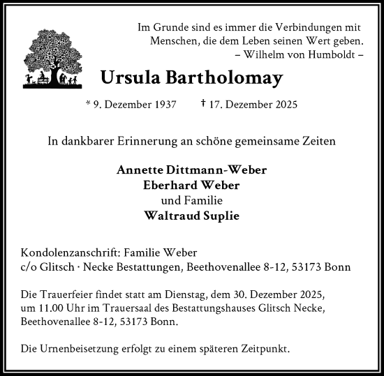 Anzeige von Ursula Bartholomay von General-Anzeiger Bonn