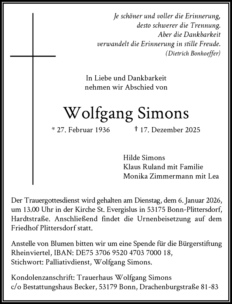  Traueranzeige für Wolfgang Simons vom 20.12.2025 aus General-Anzeiger Bonn