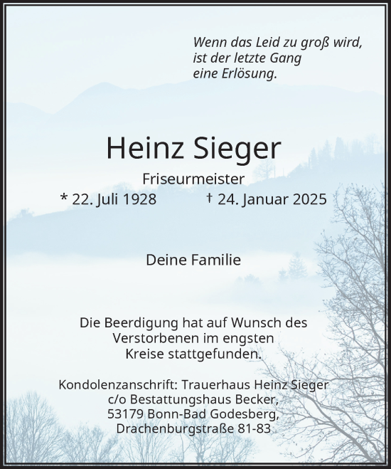 Anzeige von Heinz Sieger von General-Anzeiger Bonn