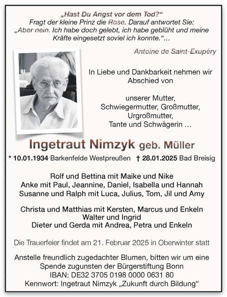  Traueranzeige für Ingetraut Nimzyk vom 15.02.2025 aus General-Anzeiger Bonn