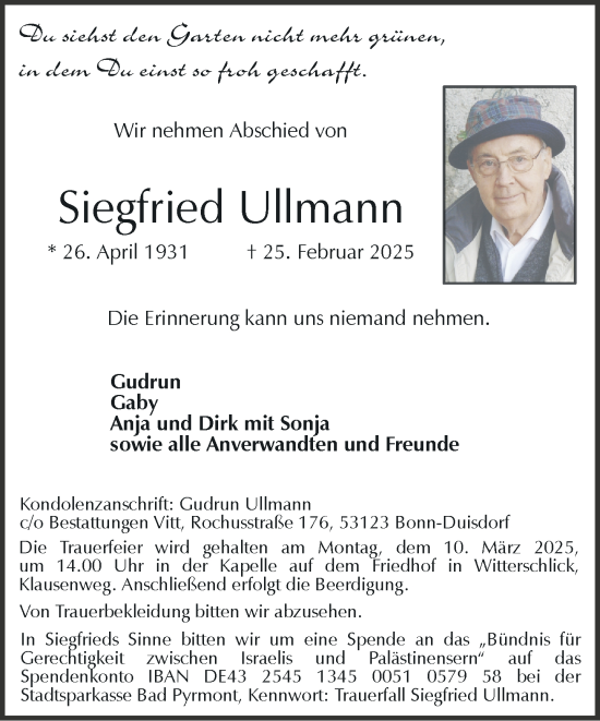 Anzeige von Siegfried Ullmann von General-Anzeiger Bonn