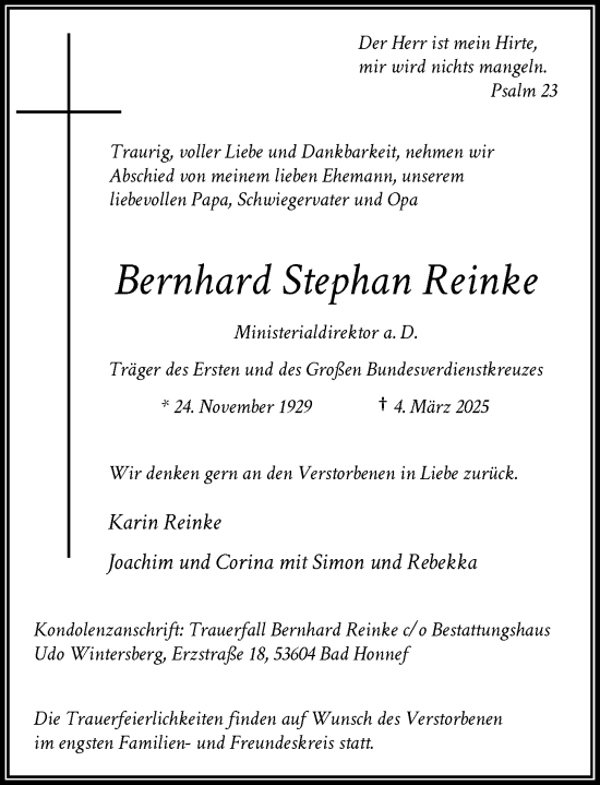 Anzeige von Bernhard Stephan Reinke von General-Anzeiger Bonn